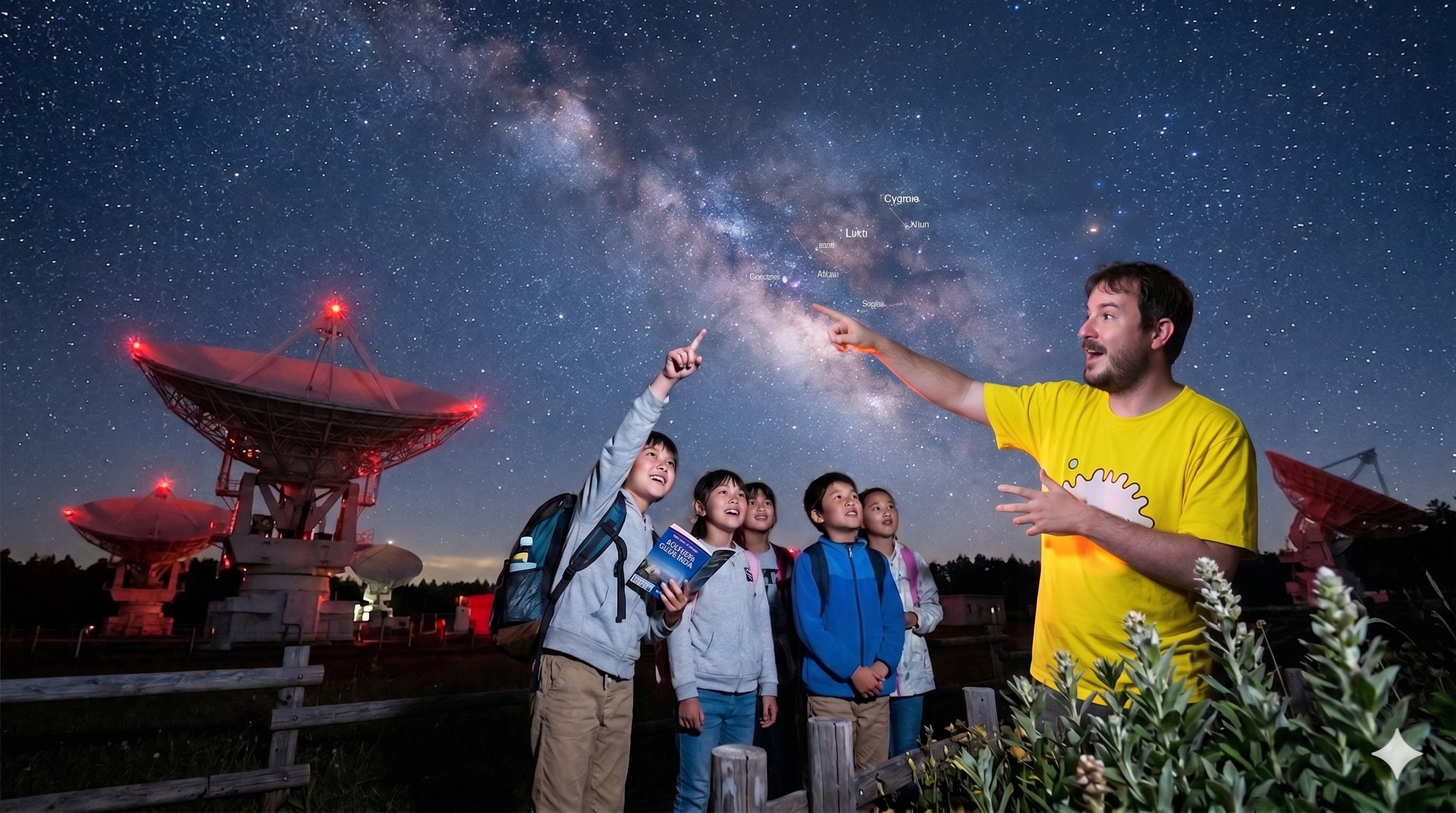 星空と自然の中で英語体験をする子どもたちのイメージ